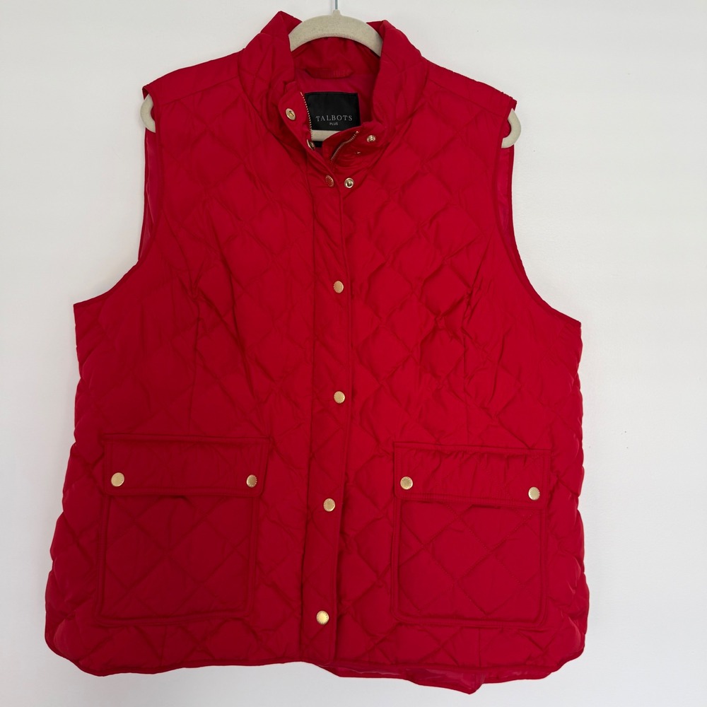 Talbots Women's Red Quilted‎ Puffer Vest 2XL Gold Accents Layering Holiday